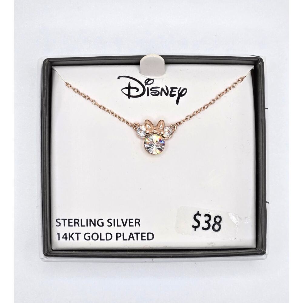 NEW Disney Minnie Sterling Silver 14kt Gold Plated Crystal Necklace